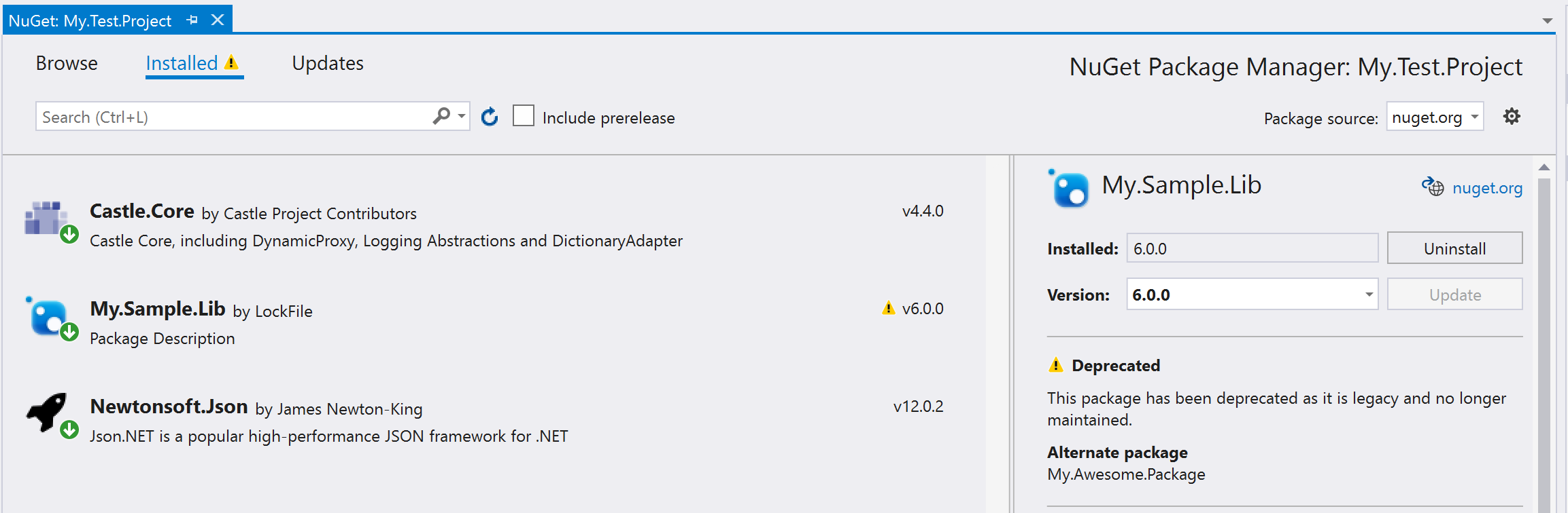 Nuget deprecation warning in Visual Studio