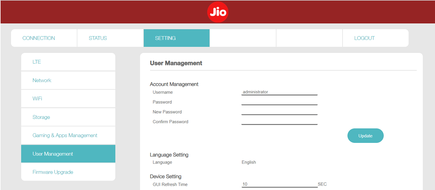 JioFi User Management screen