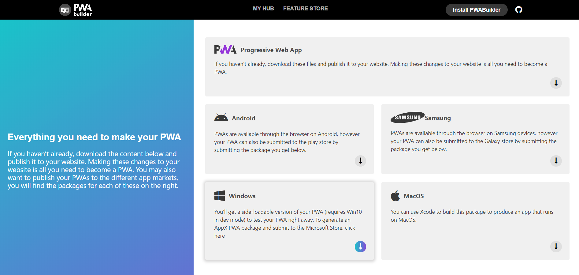 PWA Builder Download screen
