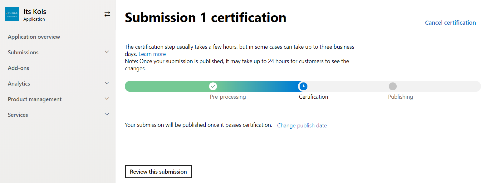 MS Partner Centre - App Certification Progress