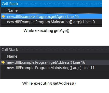 Call stack of above code at different time in Visual Studio