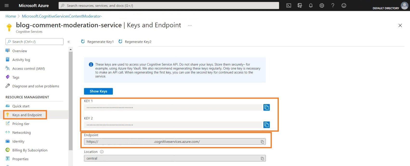 Key &amp; Endpoint Settings for Azure Content Moderator